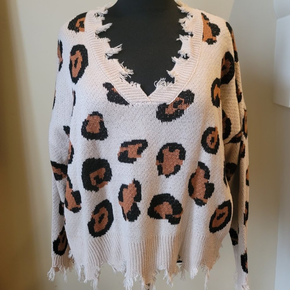 Miracle Oversized Distressed Sweater Cream w/ Brown & Black Leopard Spots NWT